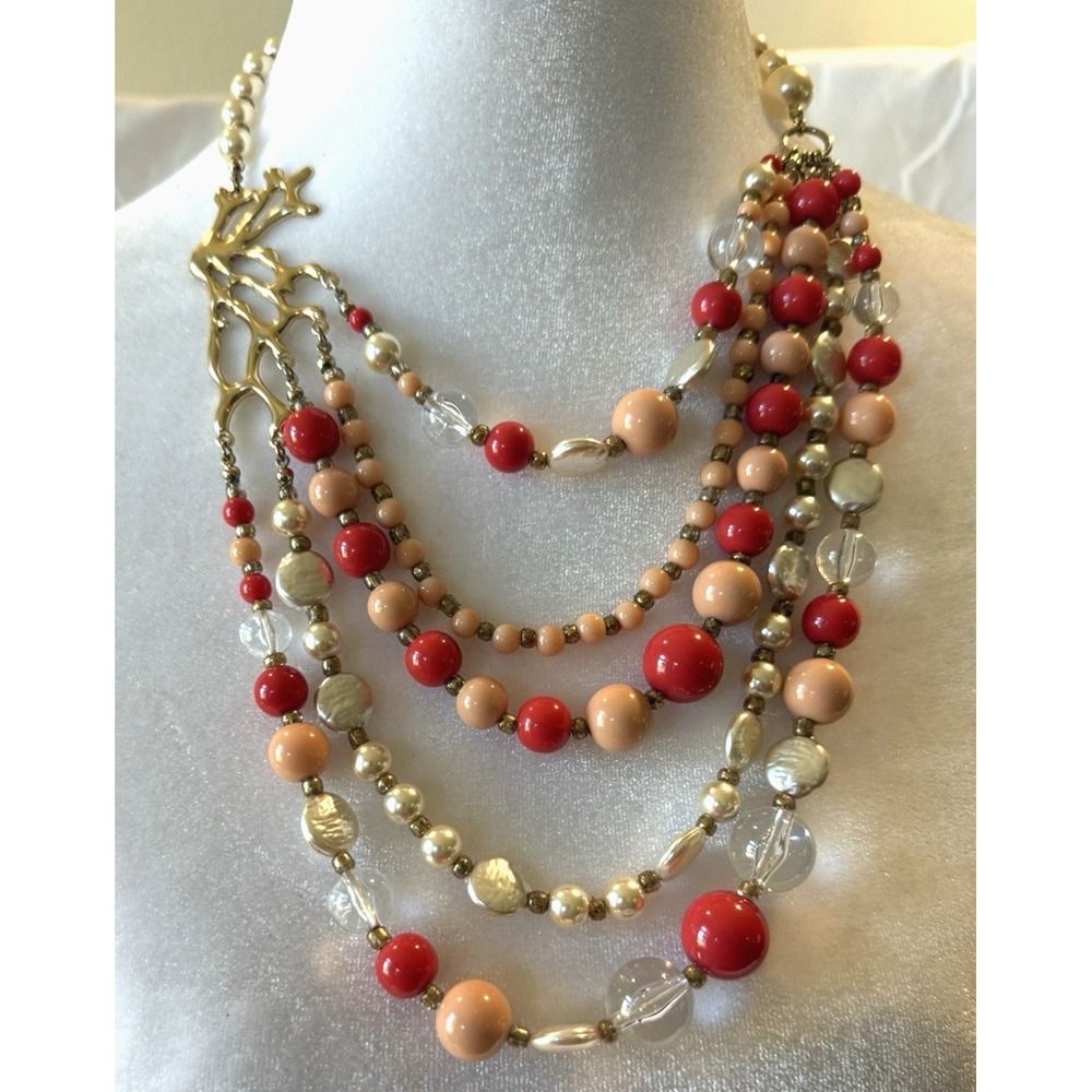 NRT Faux Pearl Coral Gold Tone Multi Layered Necklace Statement Tropical KJL ins